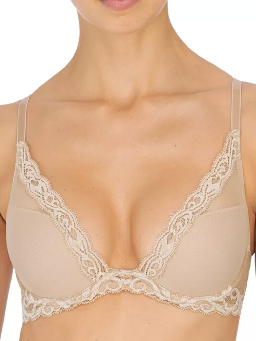 Natori 730023 Feathers Lace Deep Plunge Contour Underwire Bra Nude Size 38DD